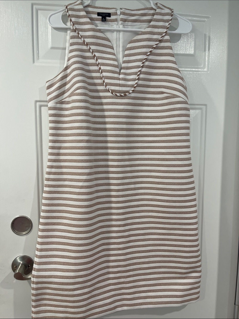 Talbots Beige and White Striped Sleeveless Shift Dress